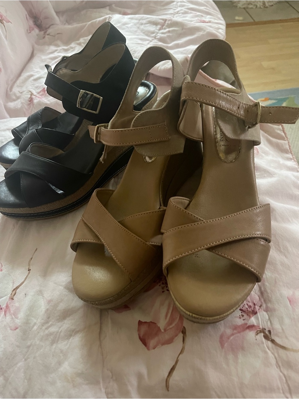Cordani Tan Cross-Strap Wedge Sandals with Ankle Strap